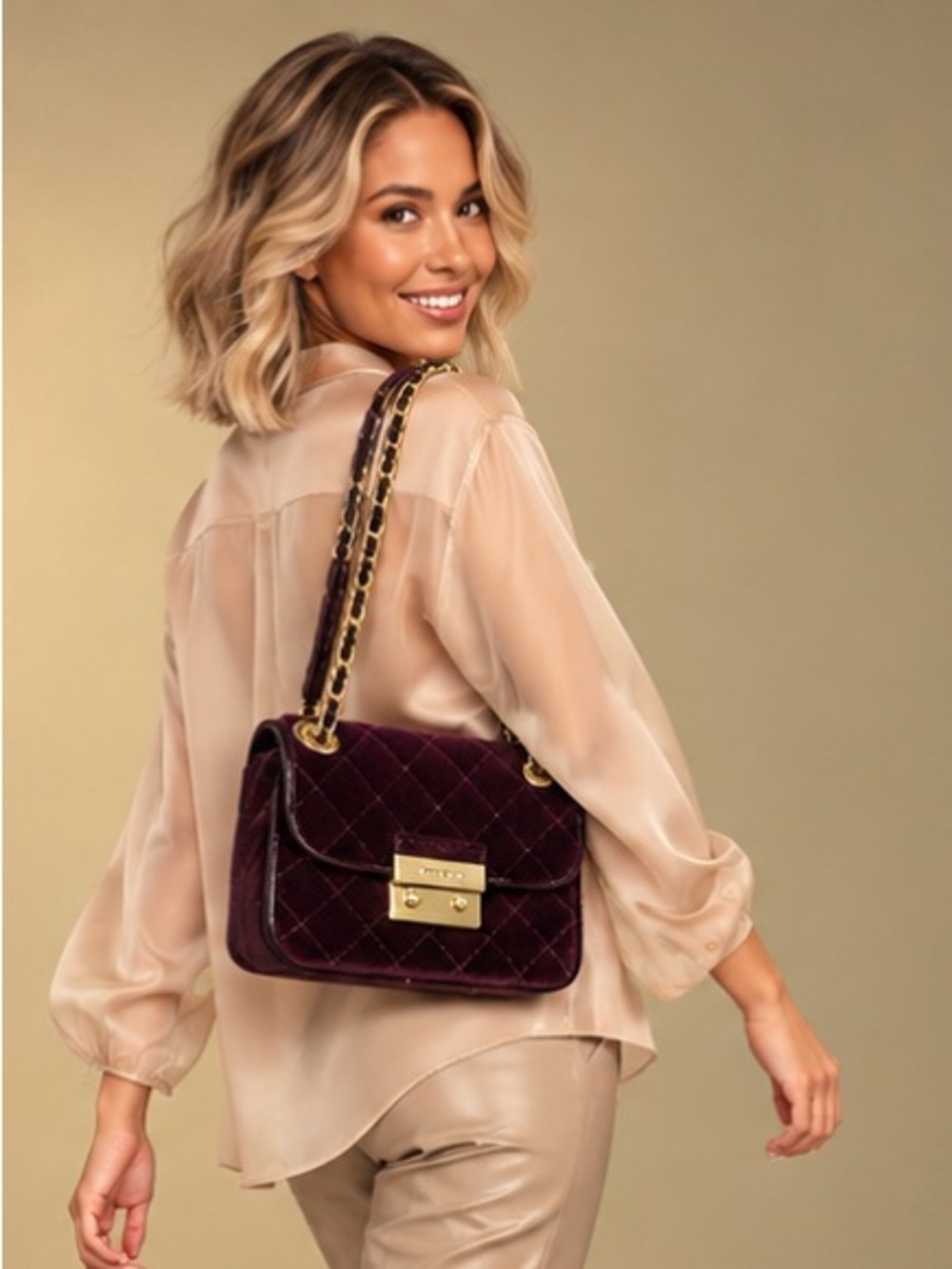 Michael Kors Burgundy Velvet Quilted Chain Shoulder Bag Gold Hardware